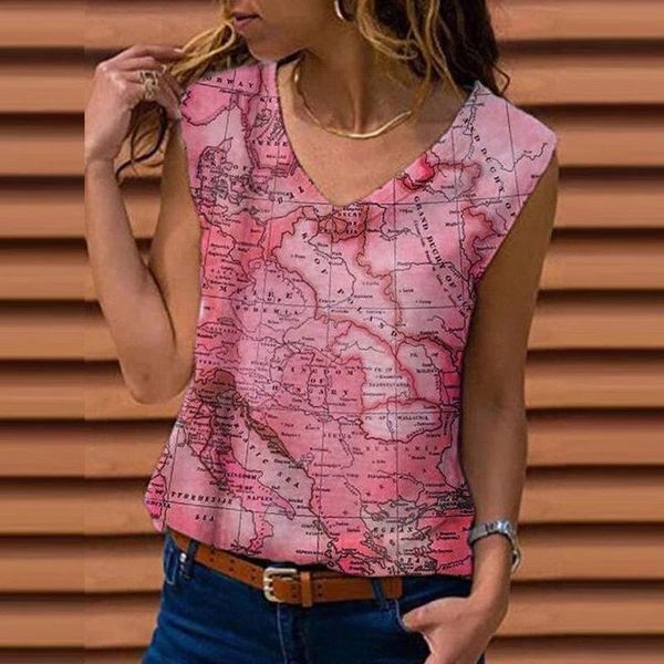 

women's t-shirt v-neck printing map loose casual fashion vest summer, White