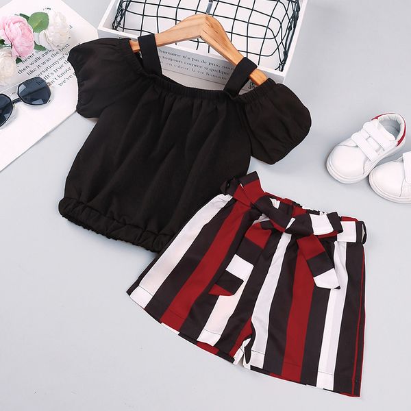 

girls' suit spring summer children's clothing suspenders short-sleeved striped shorts two-piece girl clothes 210515, White
