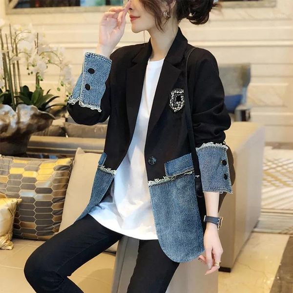 

women's jackets european station spring 2021 goods trendy black temperament suit stitching denim fashion jacket, Black;brown