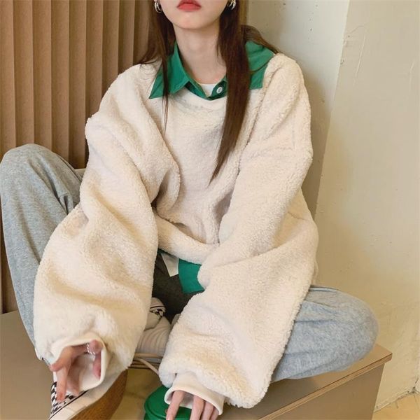 

women's sweaters fake two piece stitched plush sweater jacket winter lazy wind wear loose pullover, White;black