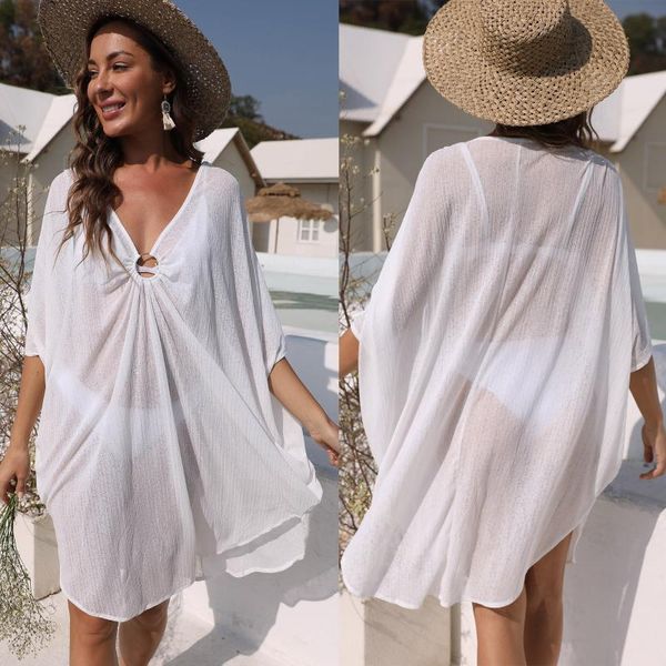 

cross-border source deep v perspective irregular drape off-shoulder loose beach blouse casual dresses, Black;gray