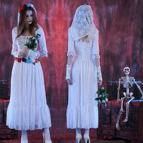 

new halloween lace white tulle ghost bride dress stage game uniform_rw, Black;red