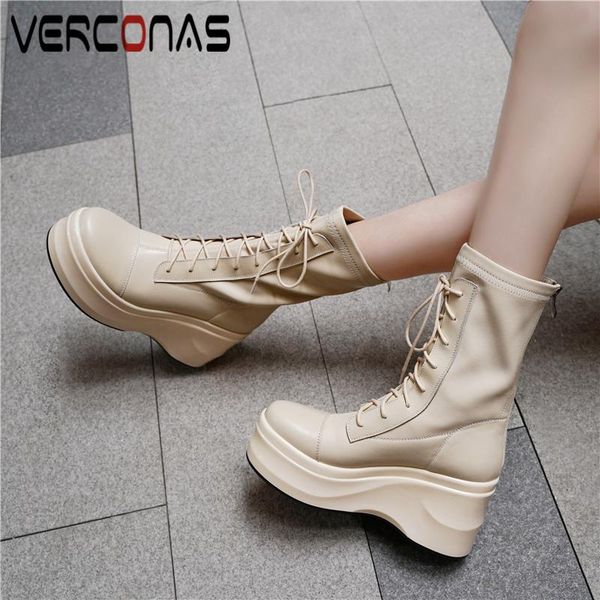 

boots verconas fashion casual ankle for women autumn winter shoes woman genuine leather lace-up platfors flats, Black