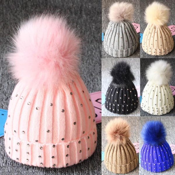 

months baby diamond knitting wool hemming hat keep warm winter hiarball fur ball cap set kids boy accessories1, Yellow