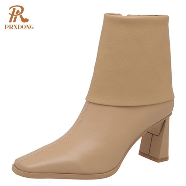 

boots autumn winter ladies ankle with zipper genuine leather square toe high helels women's shoes office weddings dress, Black