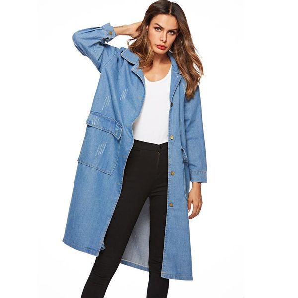

women's trench coats women 's denim coat turn down collar single breasted long sleeve pocket solid loose 6031 # cross-border europ, Tan;black