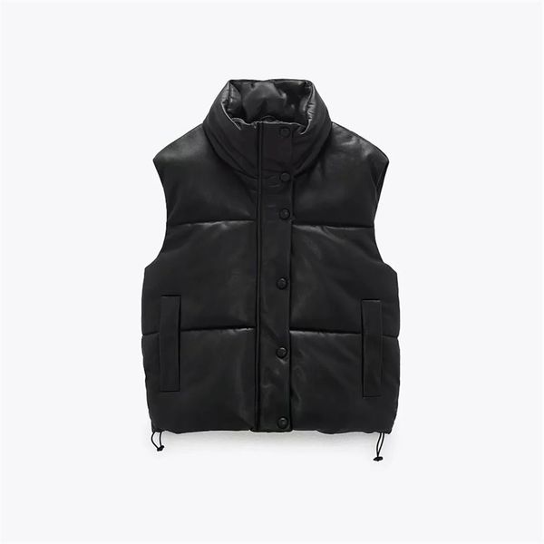 

winter women fashion simplicity black keep warm pu vest female single-breasted high neck side pockets chic 210520, Black;white