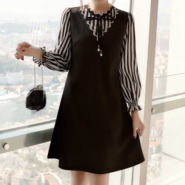 

casual dresses 2021 spring autumn women long sleeve office lady patchwork fake faux two piece striped bow tie shirt dress 5xl 4x da271, Black;gray