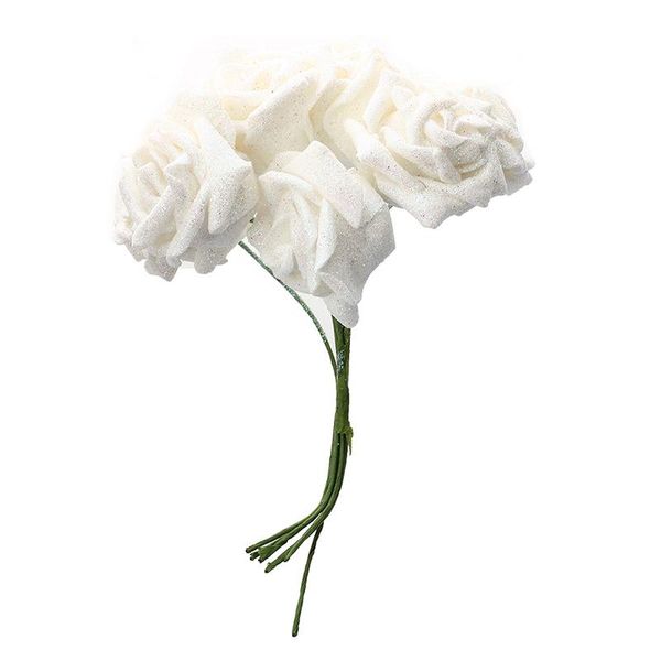 

promotion 7 foam rose artificial flower glitter bridal bouquet home wedding decoration white decorative flowers & wreaths