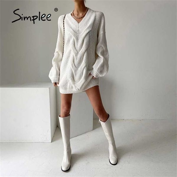 

high street v-neck lantern sleeves knitted dres casual loose sweater dresses female solid winter mini vestidos 211112, Black;gray