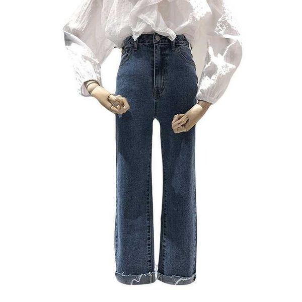 

simple loose all-match straight woman jeans fashion high waist design ripped pants korea solid soft pantalones de mujer 210514, Blue