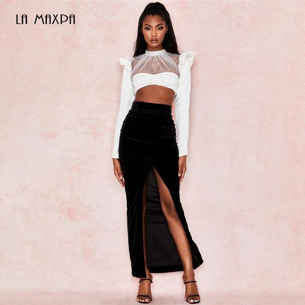 

two piece dress mesh patchwork women bodycon set stand collar long sleeve white & black split skirt fashion 2021 spring