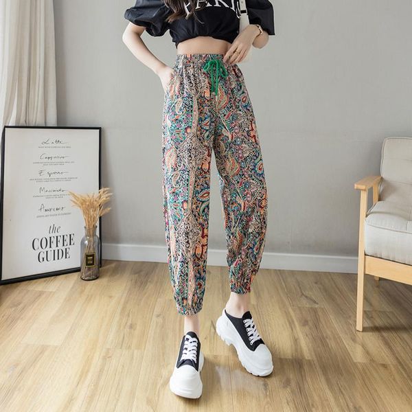 

women's pants & capris women wide leg harem summer retro print trousers elastic waist casual ankle length streetwear soft for female, Black;white