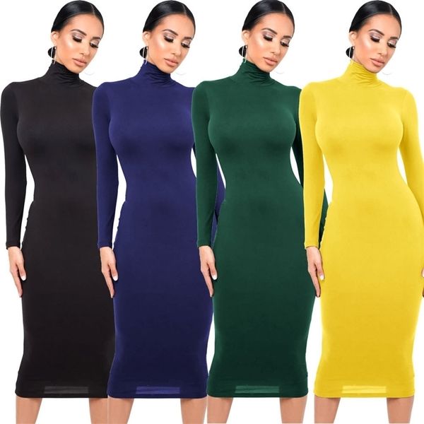

women long sleeve turtleneck bodycon dress autumn winter solid casual slim package hip thick fashion party vestidos 211206, Black;gray