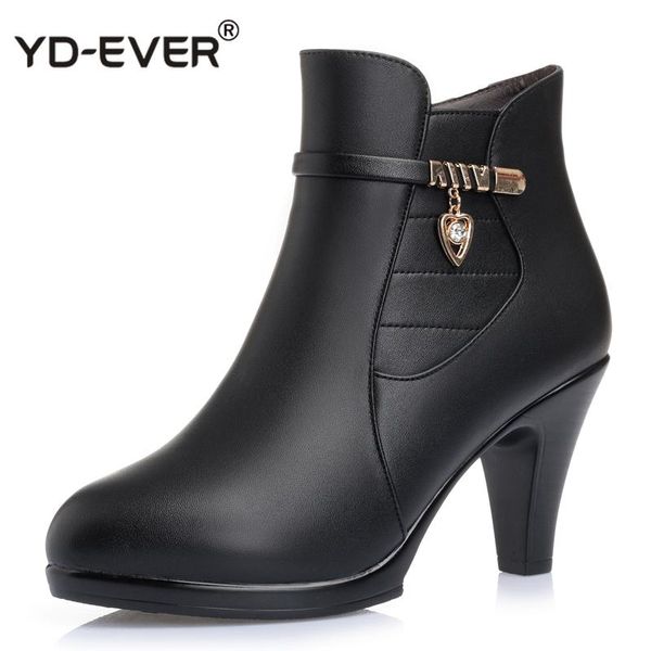 

boots fashion genuine leather women ankle high heels zipper shoes warm fur winter for, Black