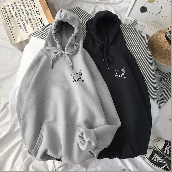

the 8 colors velvet women hoodie winter cute saturn printing hooded thicken warm hoodies lady autumn, Black