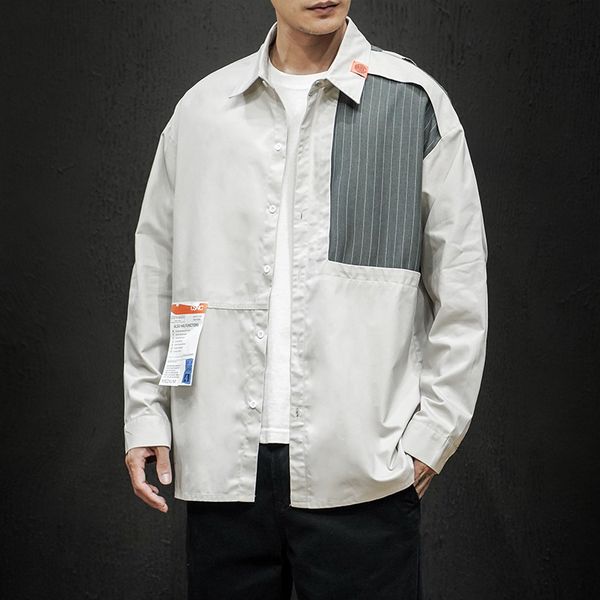 

Autumn long sleeve shirt men's loose and handsome frock Shirt Large splicing casual thin jacket, White;black