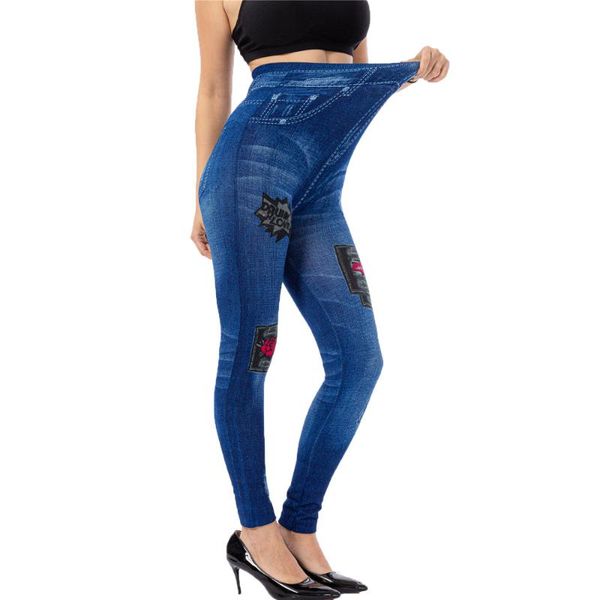 

women's leggings spring and autumn print imitation jeans outdoor soft semaless high waist fitnesspencil pants, Black