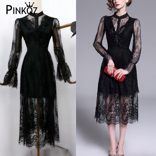 

summer spring mesh see through lace black dress women vintage casual midi long dresses streetwear de fiesta plus size 2x 210421, White