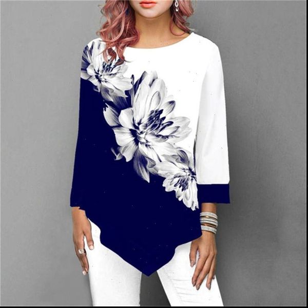 

shirt women womens spring summer floral printing blouse 3 4 casual hem irregularity female fashion plus size, White