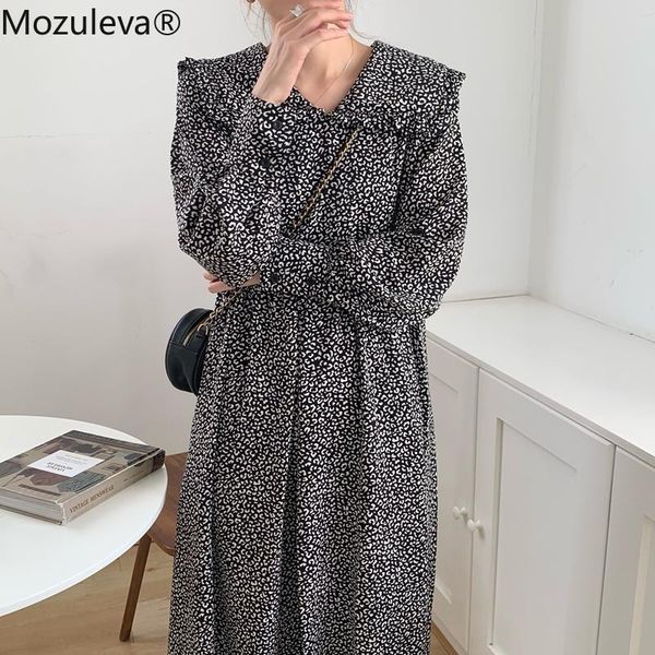 

casual dresses mozuleva 2021 autumn paisley printed women flounce edge dress full sleeve female retro chiffon midi length vestidos, Black;gray