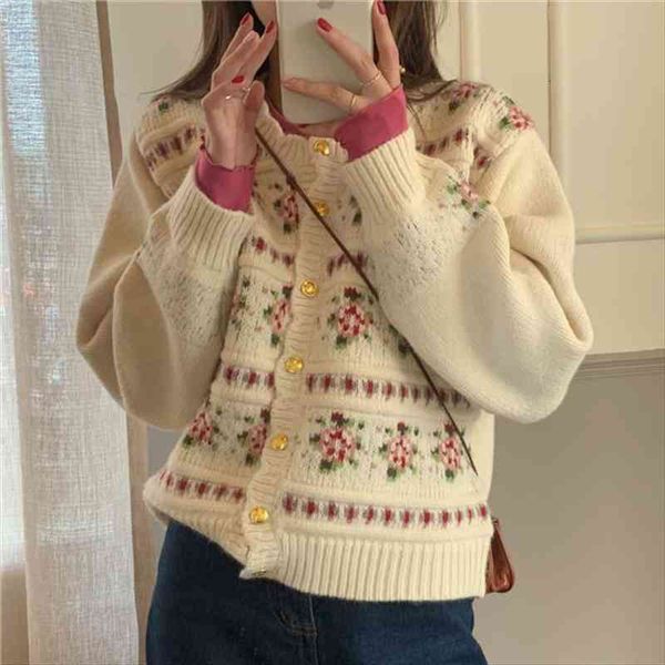 

flower print jacquard knitted cardigan women fall winter retro loose golden buttons female sweaters jackets femme, White;black