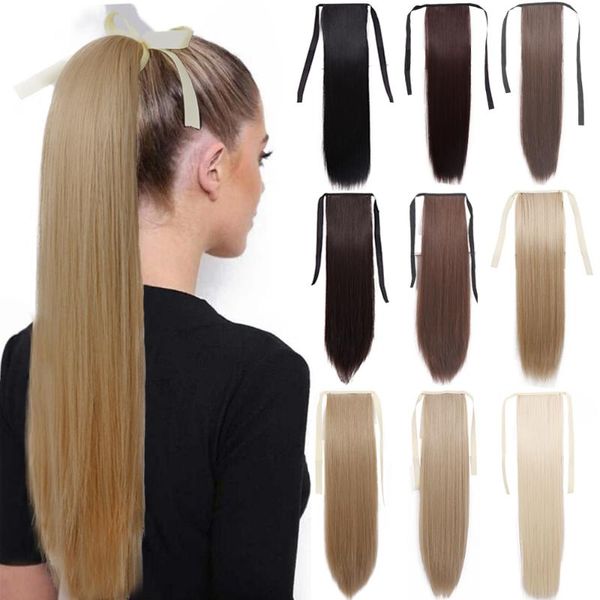 

synthetic wigs merisi long straight ponytail natural drawstring ribbon fake hair blonde pony tail clip in women hairpieces, Black