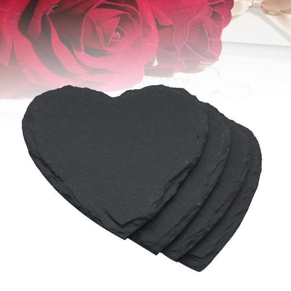 

mats & pads 4pcs heart slate coasters cup for drinks beverages glasses (black)
