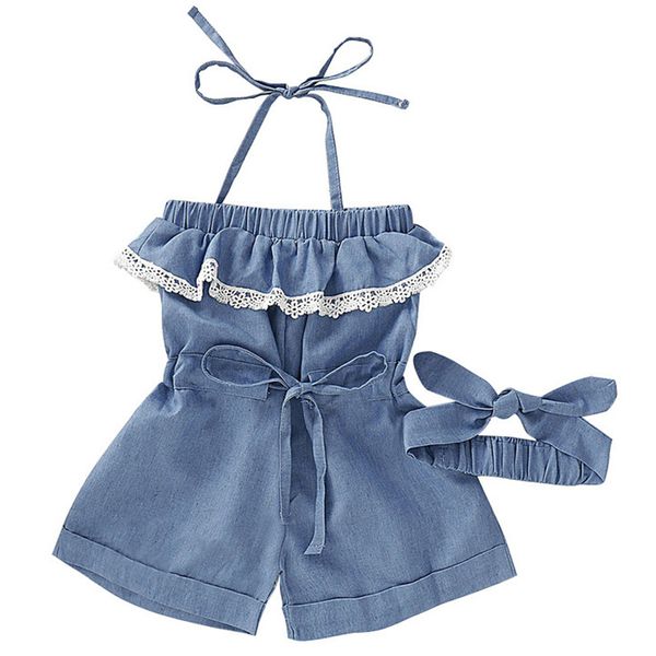 

infant denim jumpsuits girls lace slings onesies solid colors baby romper toddler girls elastic jeans with bow headband 1-6t 060615, Blue