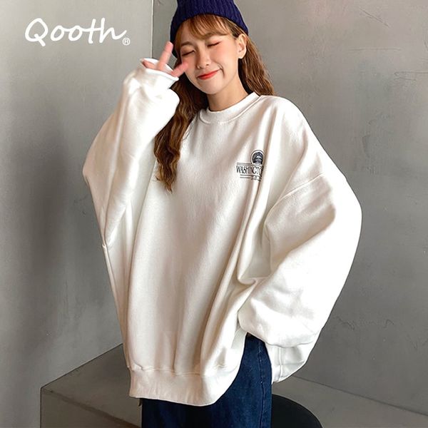 

qooth women o-neck oversize washingtonn japanese style harajuku students long pullovers womens sweatshirt qh2373 210518, Black