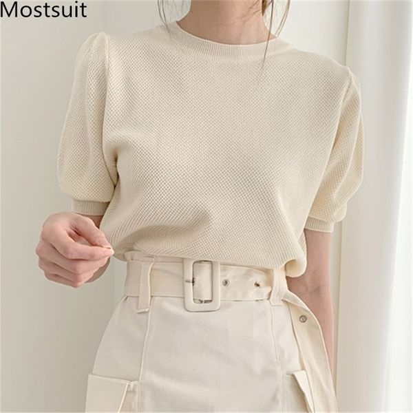 

korean knitted solid women tunics t shirts summer short sleeve o-neck pullovers tees elegant fashion ladies t-shirts 210518, White