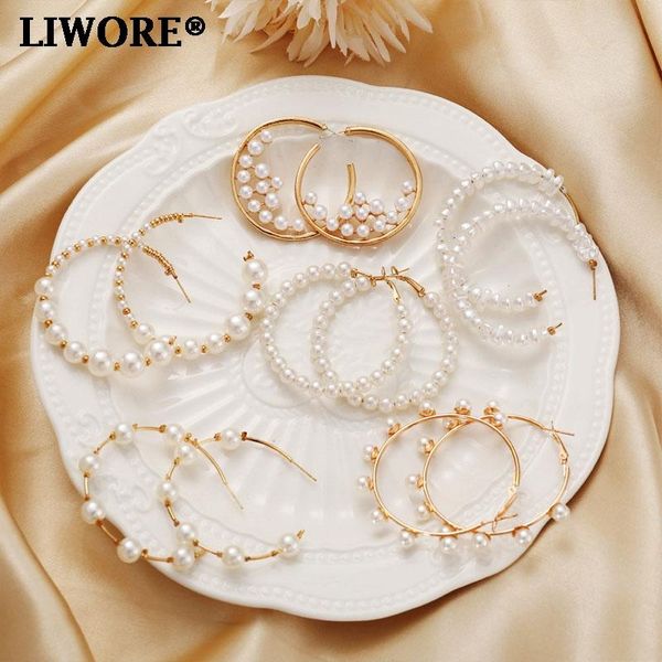 

hoop & huggie liwore white pearl earring set for women gold color big circle retro earrings 2021 trend jewelry, Golden;silver