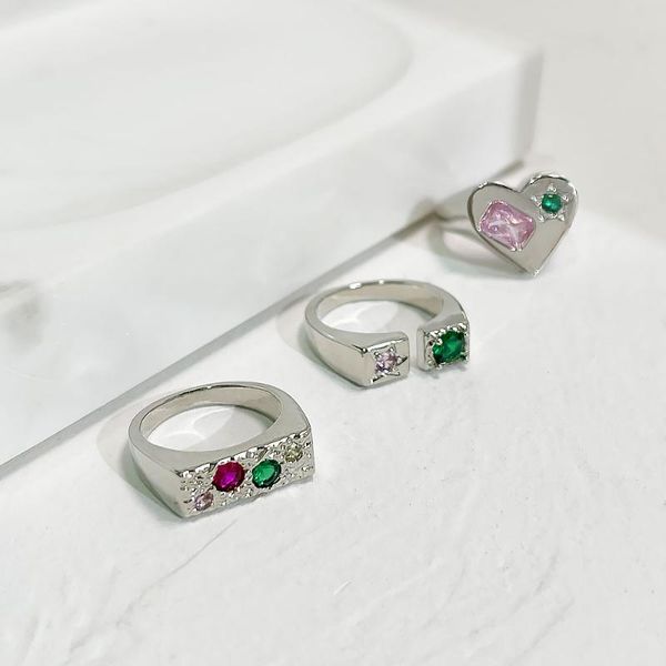 

cluster rings peri'sbox silver color copper textured micro inlay green zircon open for women summer romantic love heart chunky ring set, Golden;silver