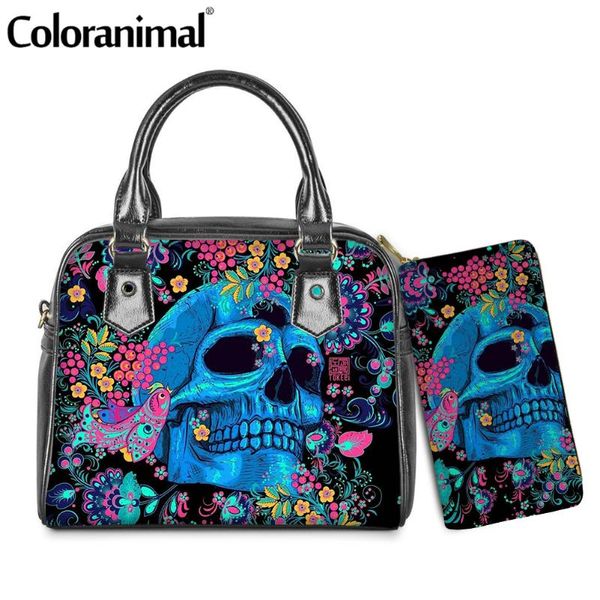 

evening bags coloranimal women tote handbag gothic skull with flower printing shoulder bag leather messenger bag&wallet