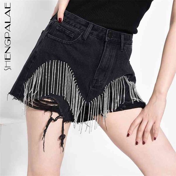 

spring autumn fashion tide denim short women high street rhinestone sequins hole tassel fit wild female ae323 210427, White;black