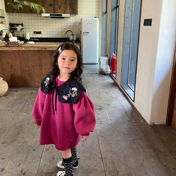 

girl's dresses korean version with velvet embroidery detachable collar girls dress children baby long-sleeved princess, Red;yellow