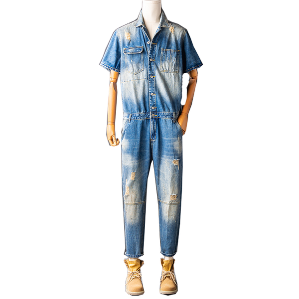 

men's pants 2021 trend fashion retro denim one-piece short-sleeved ripped overalls lazy one and women's s, Black