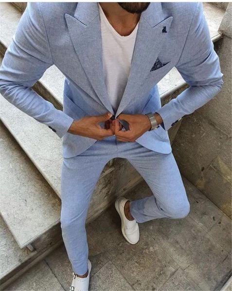 

men's suits & blazers casual light blue slim fit mens prom 2 pcs costume homme peaked lapel wedding for men tuxedos jacket pants, White;black