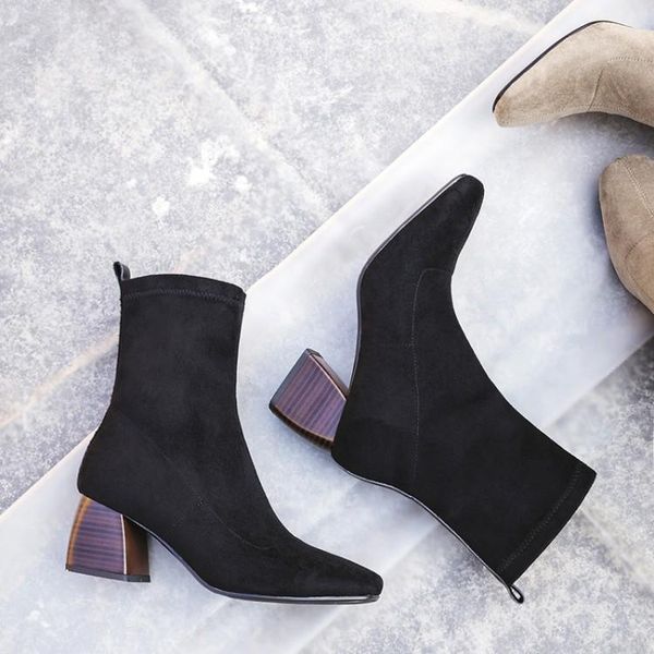 

boots oversized women shoes ankle for ladies sleeve suede square head thick heel, Black