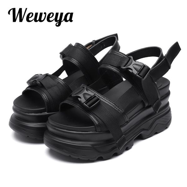 

8cm platform sandals women wedge high heels shoes buckle leather canvas summer zapatos mujer slippers woman sandal, Black