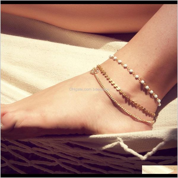 

anklets jewelry drop delivery 2021 more blue or white beads choose gold round shape three chain for women foot fashion anklet gift jea4l, Red;blue