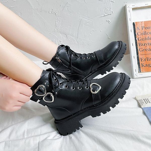 

boots women 2021 flat heel autumn shoes luxury designer round toe lace up rock ladies black fashion rubber ankle med basic s