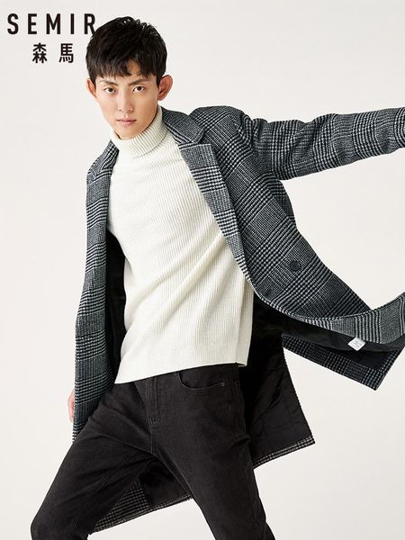 

men's wool & blends semir 2021 winter jacket men high-quality coat casual slim collar woolen long cotton trench, Black