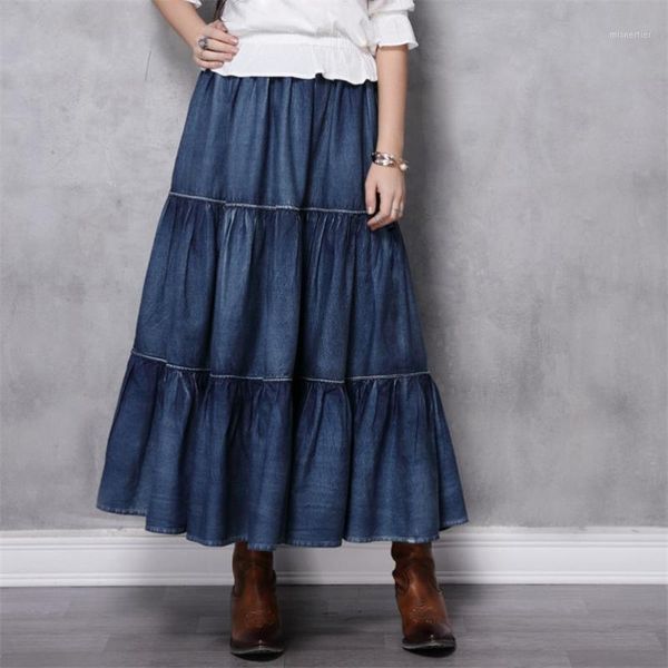 

skirts 100% cotton women's denim skirt 2021 vintage women patchwork a-line long ruffles saias saia feminina, Black