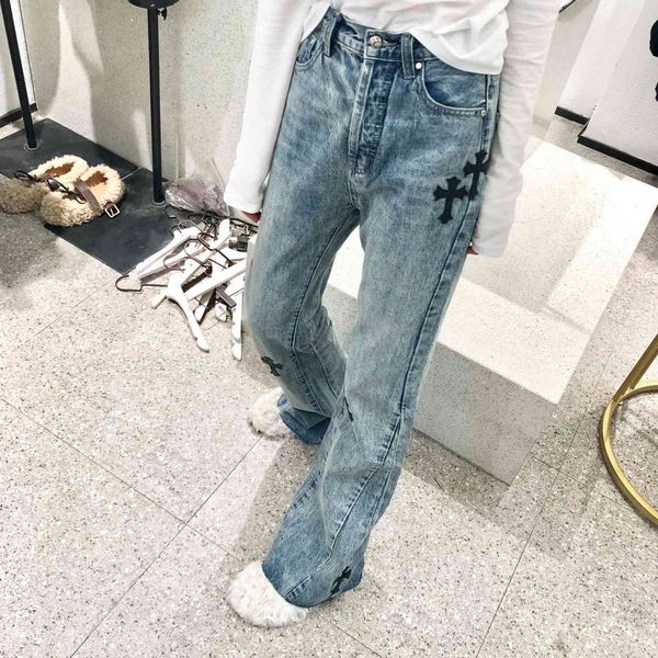 

crosin 2021 spring hancro leather cross trumpet high waist wide leg long leg floor dragging jeans female 9343, White;black