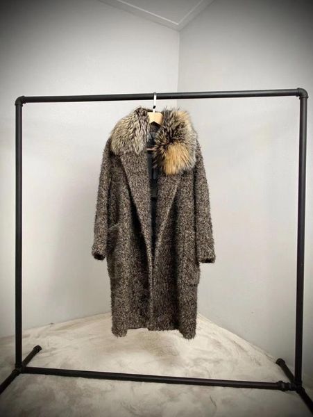 

women's fur & faux 90 % wool + 10% cashmere real coat women winter suit collar long nature teddy bear coats overcoat, Black