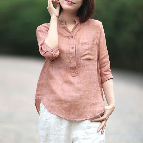 

summer style women shirt plus size half sleeve loose casual v-neck blouses femme cotton linen vintage blouse cyk1 210512, White
