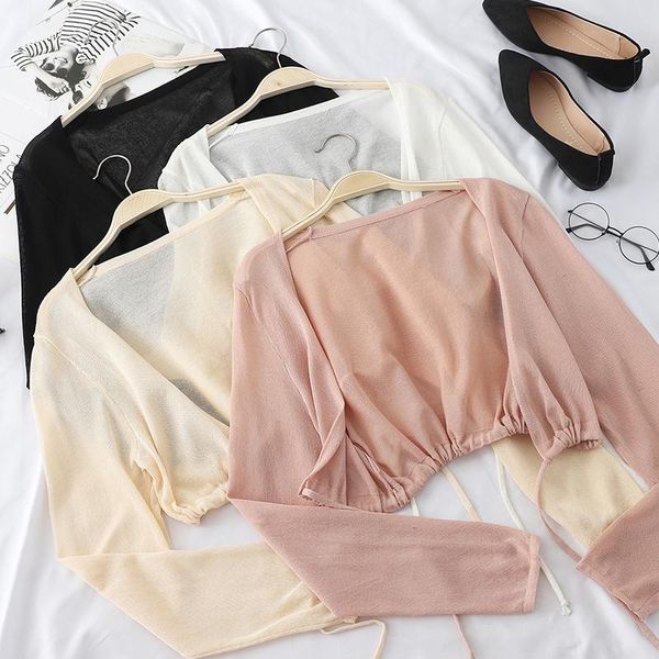 

women's blouses & shirts thin gauze long sleeve shirt for summer 2021 women sun protection jacket stretchy drawstring blouse femme elas, White