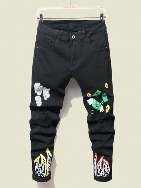 

men letter graphic ripped jeans s1pt#, Blue