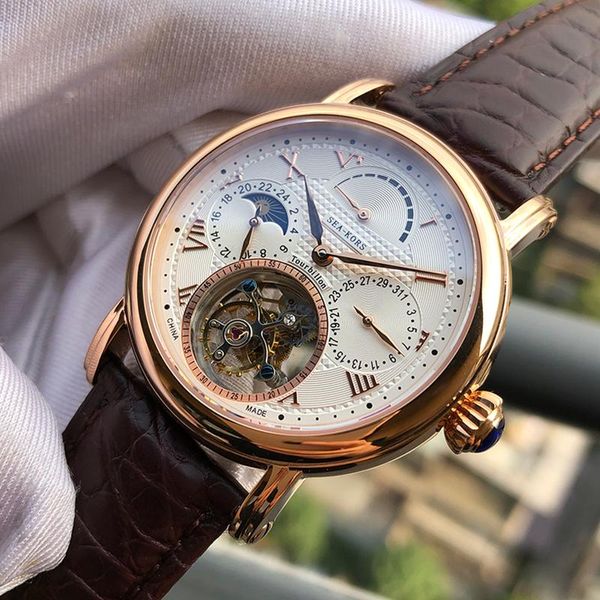

mechanical moon phase watch men tourbillon seagull st8007 movement with power reserve indicator sapphire crystal wristwatches, Slivery;brown
